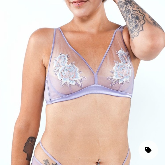 Moonlight Sheer Plunge Mauve Floral Embroidered Bra & Matching Thong - Picture 2 of 15